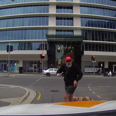 Angry pedestrian gets instant karma