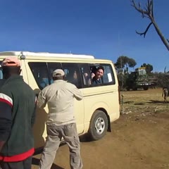 Lad sticks his head out of the minibus window as the door slides into it